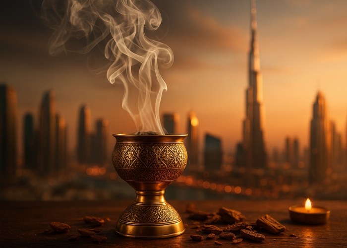 An incense burner with the Dubai skyline