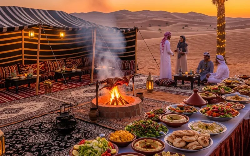 An Emirati BBQ feast beside a desert tent
