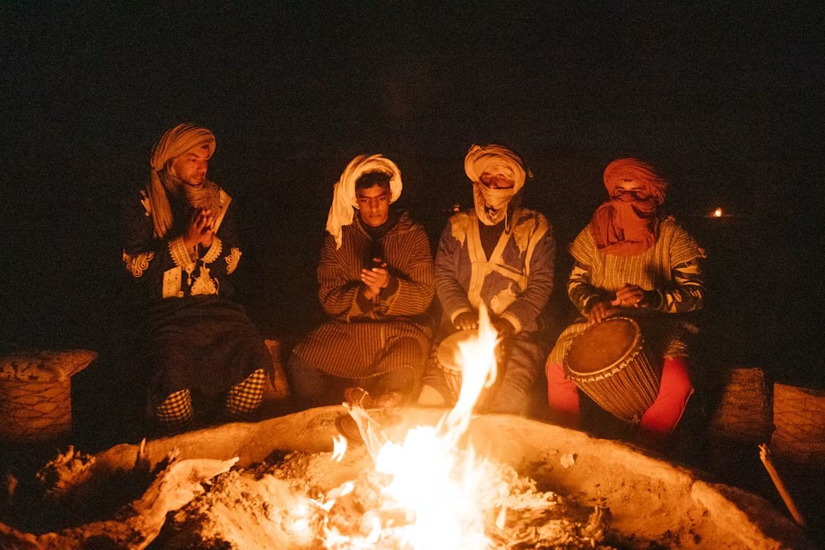 Friends around a desert fire